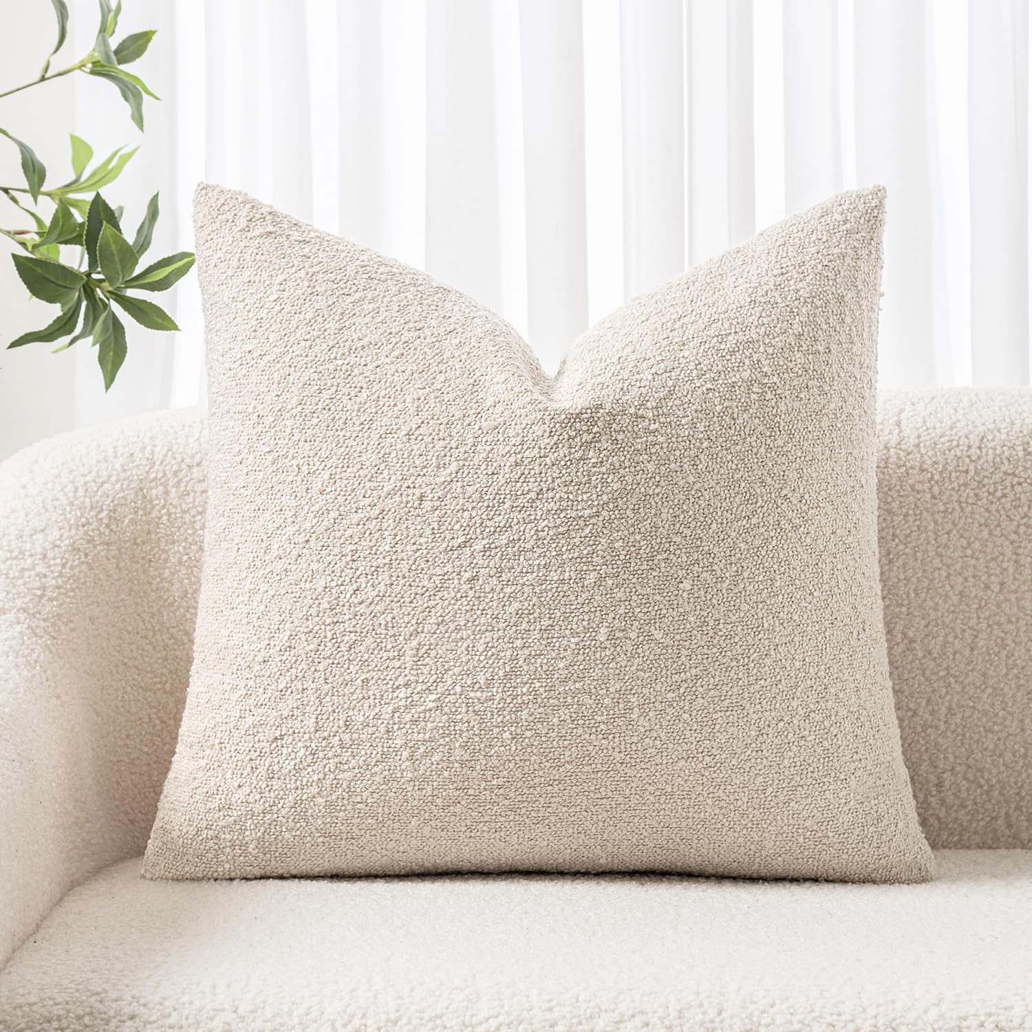 Throw Pillow Cover Boucle Polyester 24x24 White Textured Zipper